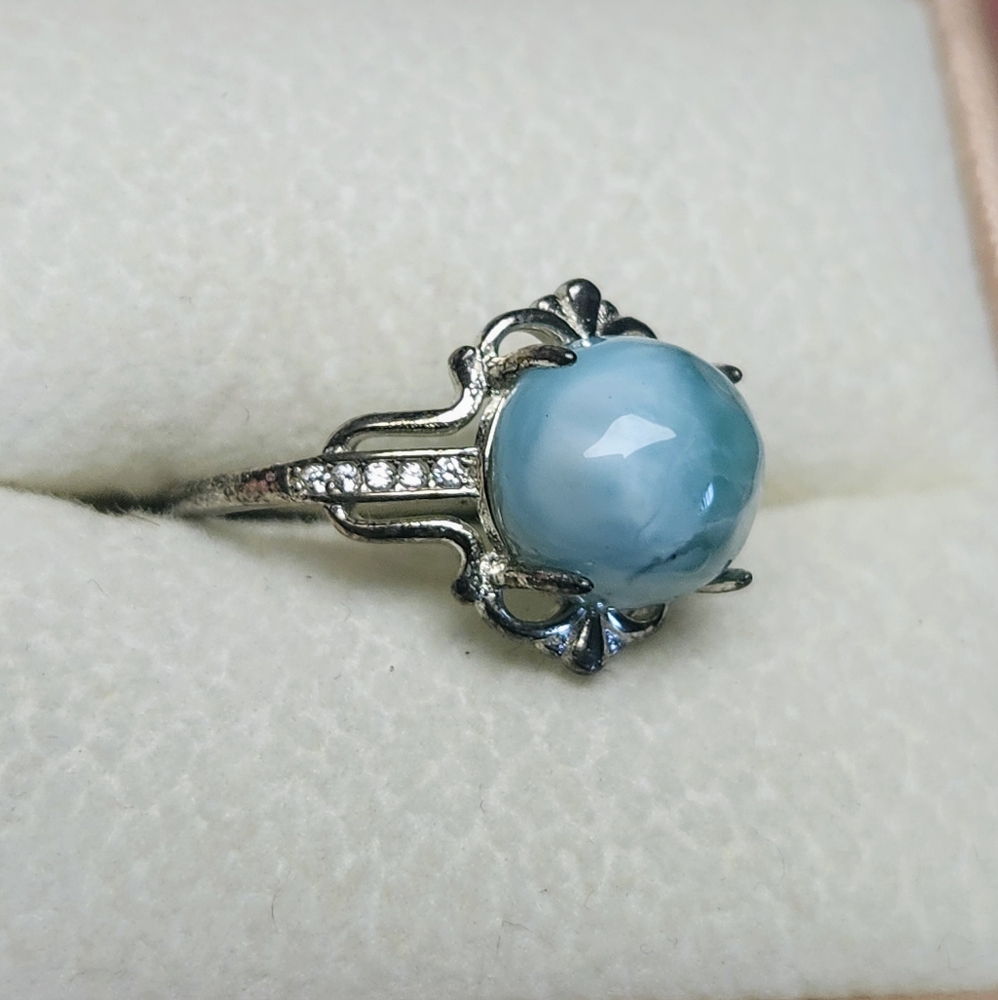 Genuine Larimar S925 Sterling Silver Adjustable Ring, Vintage Antiqued Style - Picture 3 of 11